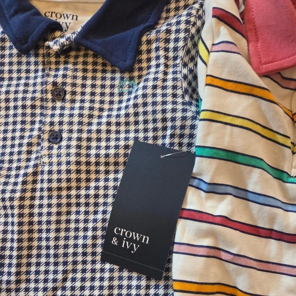 Crown & Ivy Baby Boys 12M Polo Romper 2 Pack Houndstooth Striped Multi Color NEW